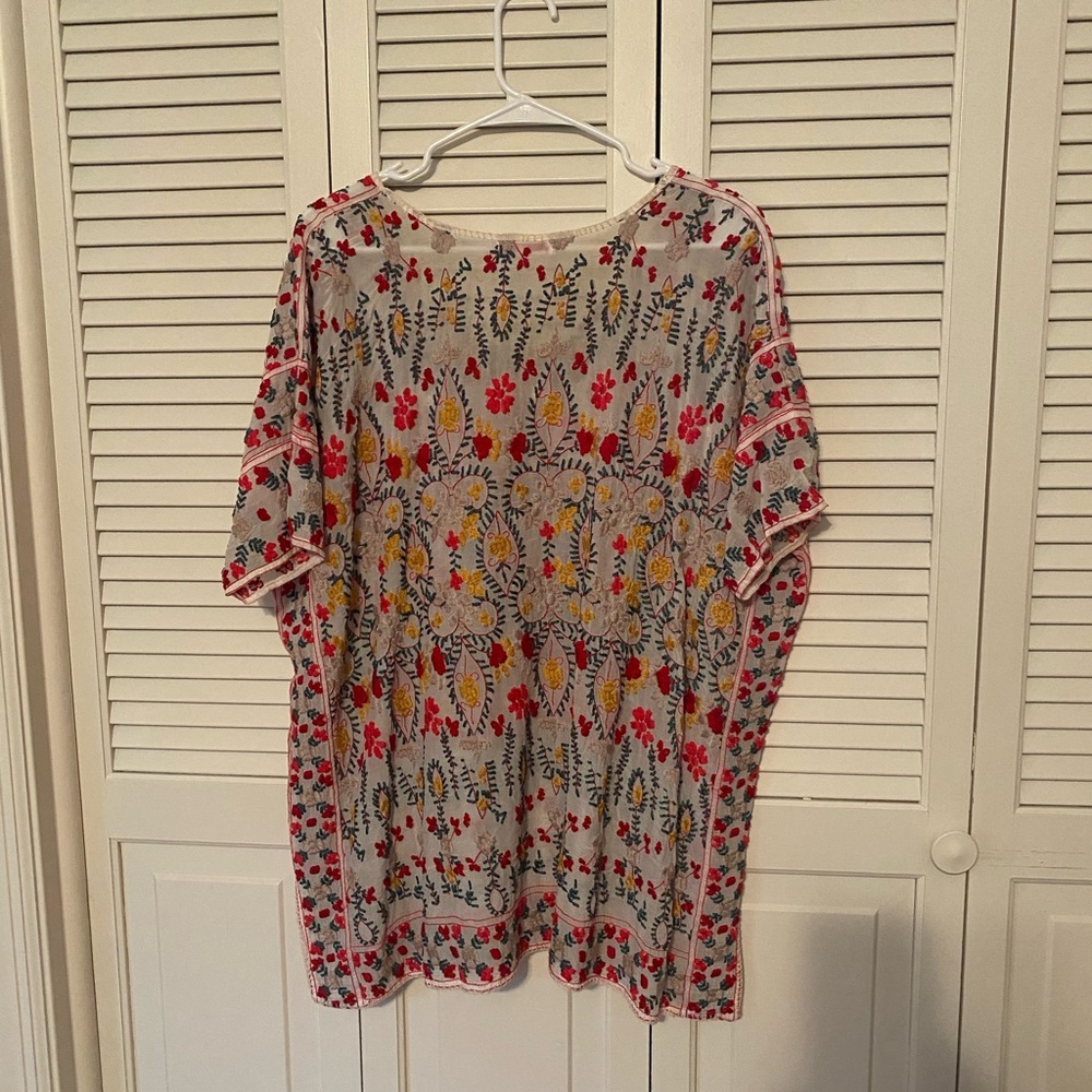 Johnny Was floral sheer cotton embroidered top